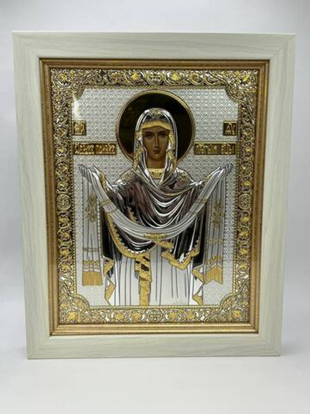 Покрова БМ, икона прямоугольная в рамке под стеклом, белое дерево, 232х280