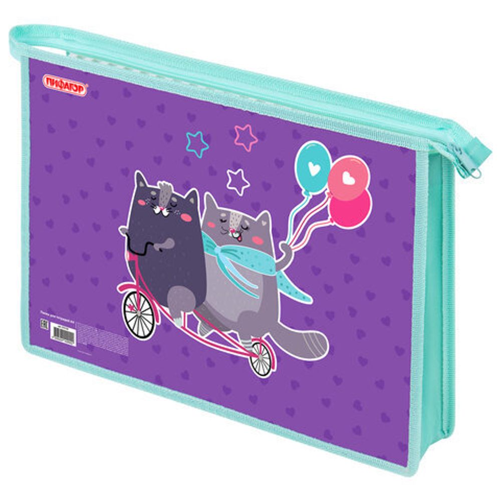 Папка для тетрадей ПИФАГОР А4, 1 отделение, картон/пластик, на молнии, "Bike cats", 272125