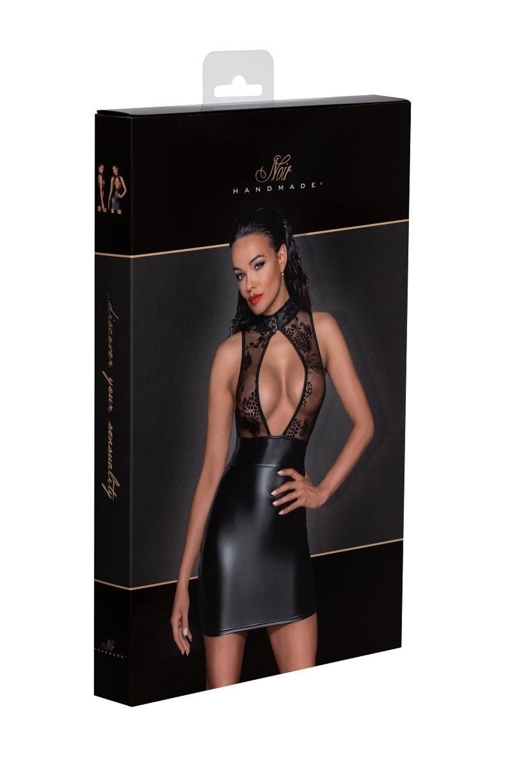 Короткое wet-look платьице с верхом из кружева Short dress with powerwetlook skirt and tulle top (Размер: L) (Цвет: черный)