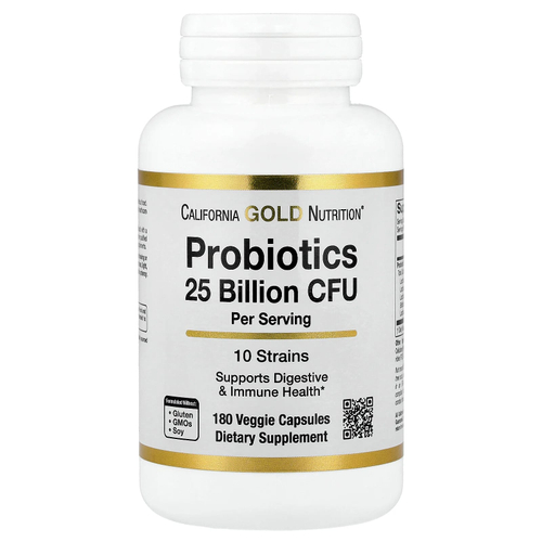 California Gold Nutrition, пробиотики с ацидофильными лактобактериями, бифидобактериями лактис, лактобактериями плантарум и лактобактериями казеи, смесь из 10 штаммов, 25 млрд КОЕ, 180 вегетарианских капсул