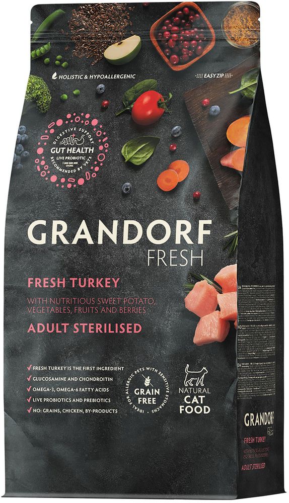 Grandorf Fresh 2кг Holistic Sretilised Turkey&amp;Sweet Potato Сухой корм для стерилизованных кошек, свежее мясо индейки с бататом