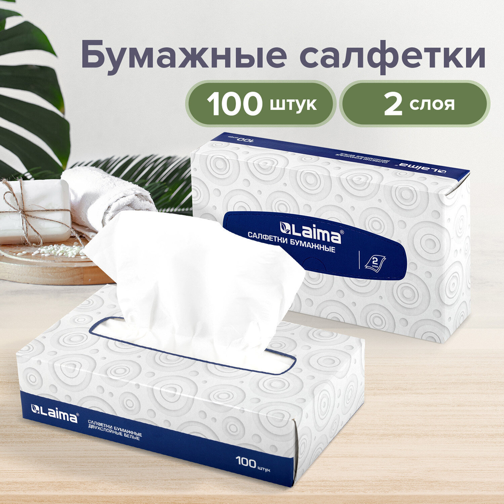 Салфетки косметические 100 штук в картонном боксе 2-слойные LAIMA/ЛАЙМА 20х20 см (10 штук в упаковке)