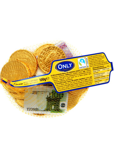 Фигурный шоколад молочный ONLY "Купюры и золотые монеты" 100 г, в сетчатом пакете
