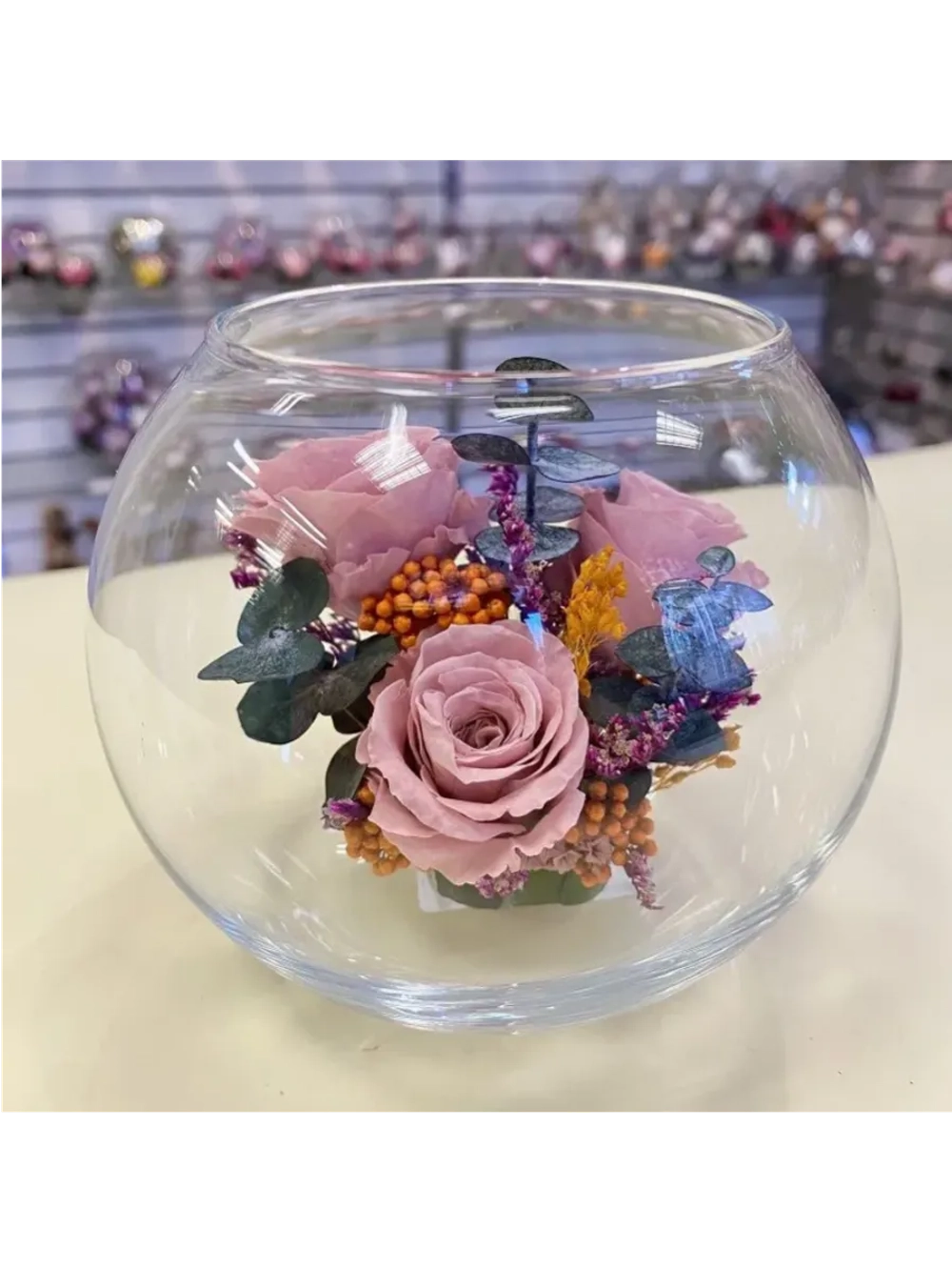 натуральные кустовые розы в стекле, вакуум*