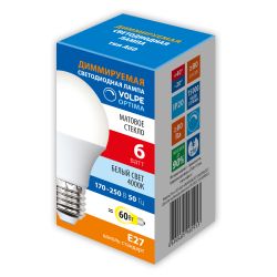 LED-A60-6W-4000K-E27-FR-DIM-SLS Лампа светодиодная. диммируемая. Форма A. матовая. Белый свет 4000K. ТМ Volpe