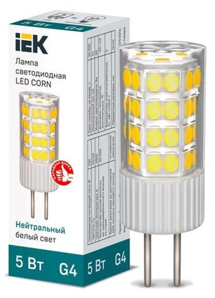 Лампа светодиодная Corn 5Вт капсульная 4000К нейтр. бел. G4 230В керамика IEK LLE-Corn-5-230-40-G4