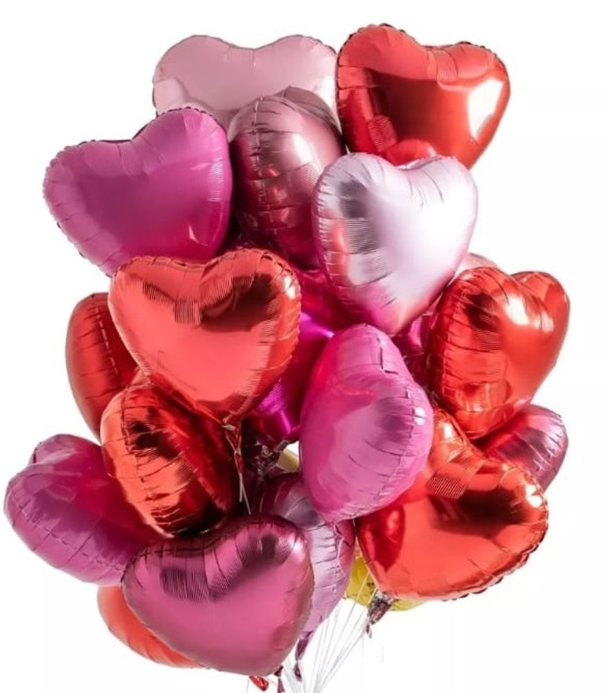 30 сердец из фольги с гелием красного и розового цвета