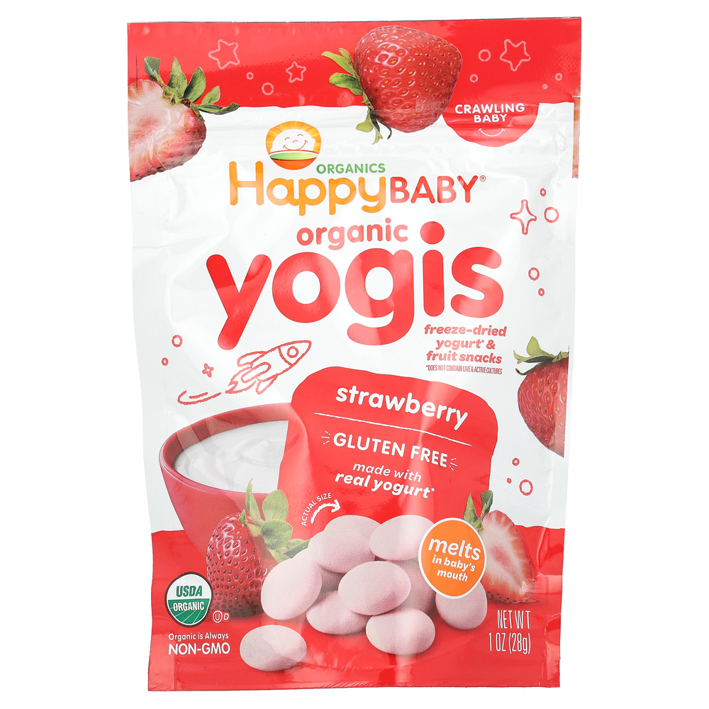 Happy Family Organics, Happy Baby, Organic Yogis, органические снеки из сублимированного йогурта с фруктами, с клубникой, 28 г (1 унция)