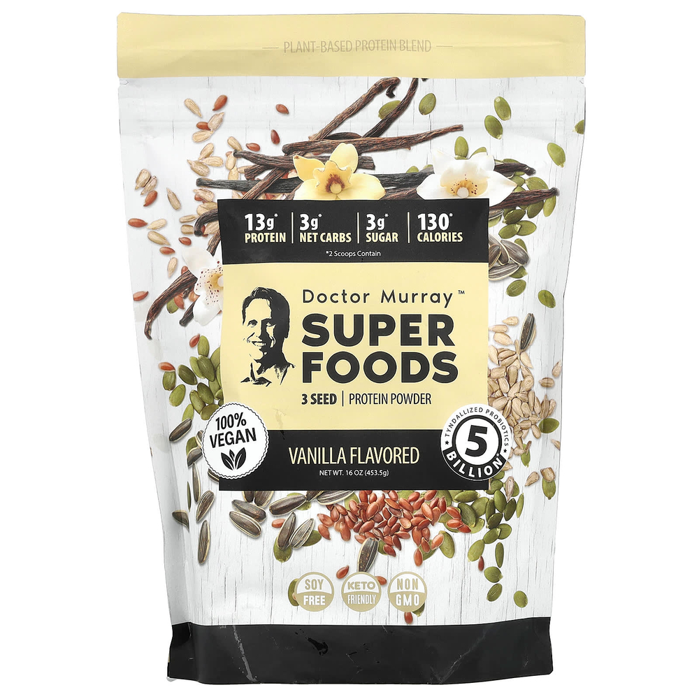 Dr. Murray's, Super Foods, порошок из 3 протеинов, тыква + лен + подсолнечник, ваниль, 453,5 г (16 унций)