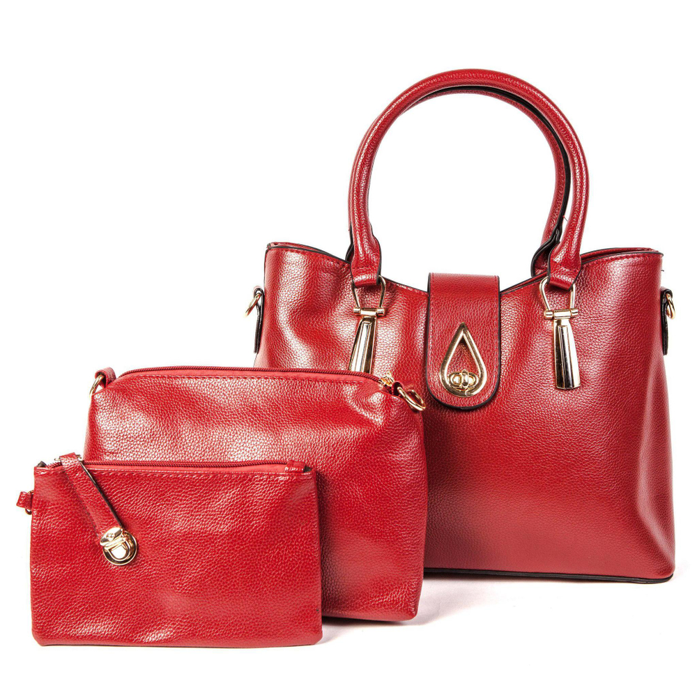 Стильная женская повседневная сумка 33х25 см с двумя косметичками красного цвета из экокожи с фурнитурой под золото Dublecity 0278-3 Red Wine