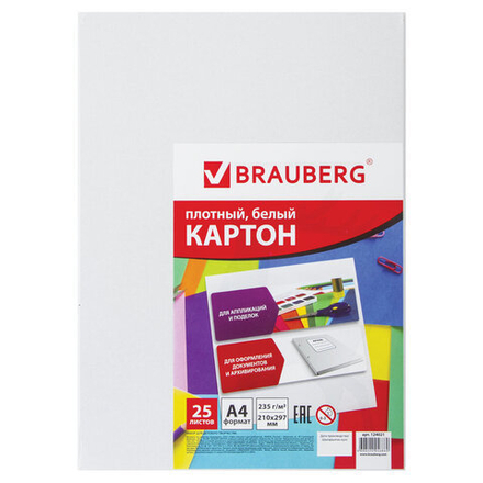 Картон белый А4 МЕЛОВАННЫЙ (глянцевый), 25 листов, в пленке, BRAUBERG, 210х297 мм, 124021