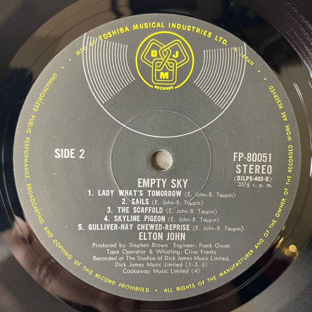 Винтажная виниловая пластинка LP Elton John Empty Sky (Япония 1970) (Без Оби)