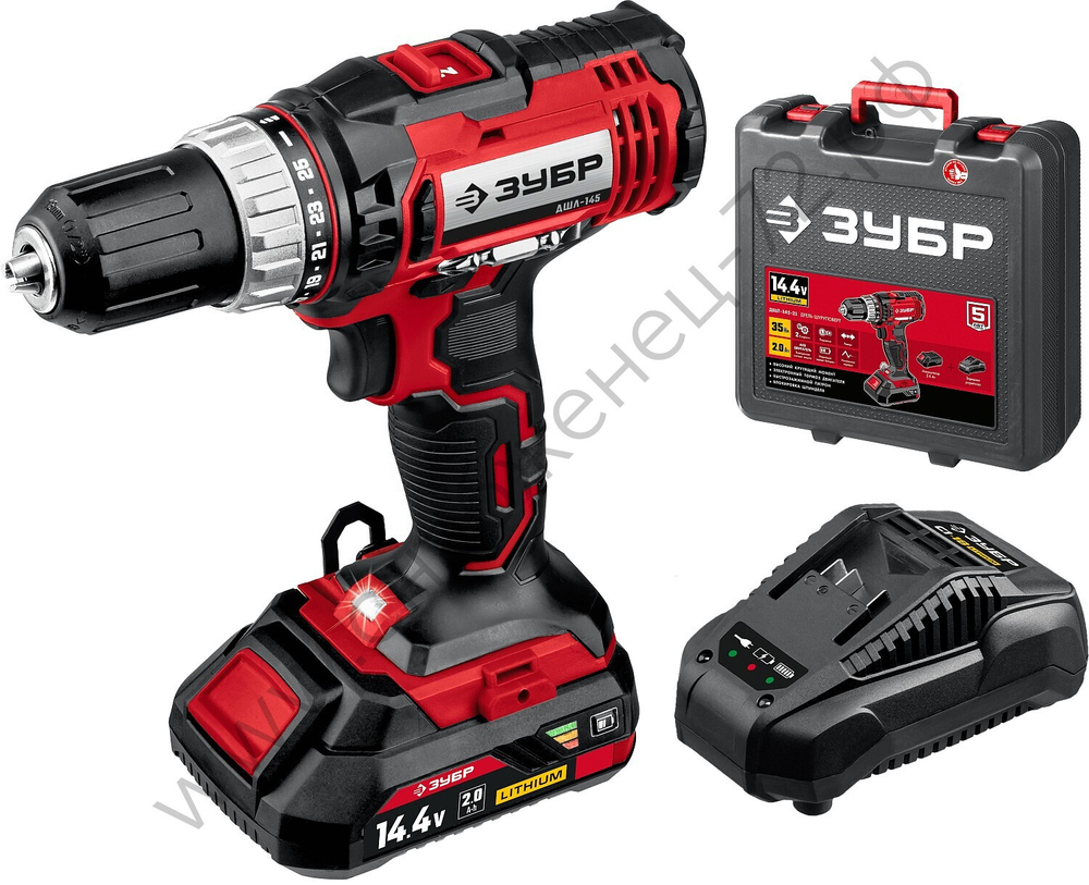 ЗУБР С1, 14.4 В, 35 Н·м, 1 АКБ (2 А·ч), дрель-шуруповерт, кейс (ДШЛ-145-21)