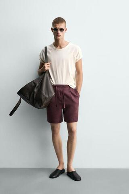 ZARA ШОРТЫ RELAXED FIT ИЗ 100% ЛЬНА, БОРДОВЫЙ