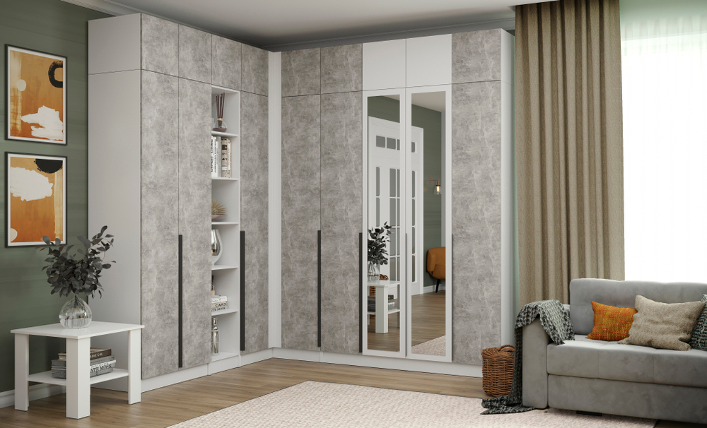 Шкаф Мадрид (1,3) с зеркалом белый/ателье светлое