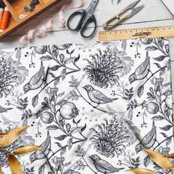 Ткань бязь эскизные птицы с веткой граната