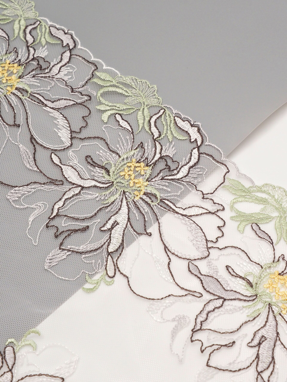 Кружево вышивка на сетке цвет мультиколор (фисташковый, шоколад, желтый, белый) неэластичная ширина 27 см