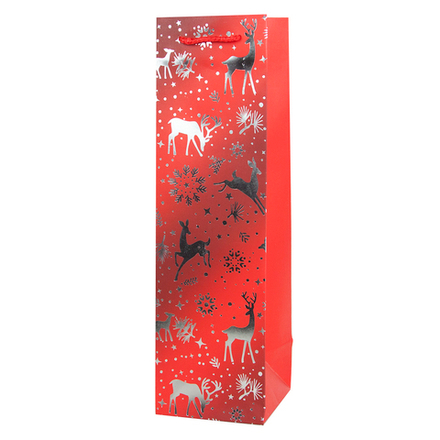 Пакет подарочный для вина, Новогодний, Дизайн №1, Красный, Металлик, 38*11*11 см, 1 шт.