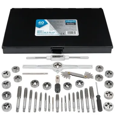 Набор метчиков и плашек метрический 40пр. (М3х0.5/0.6, М4х0.7/0.75, М5х0.8/0.9, М6х0.75/1, М7х0.75/1,М8х1/1.25, М10х1.25/1.5, М12х1.5/1.75) Scheppach Sch-M040-1