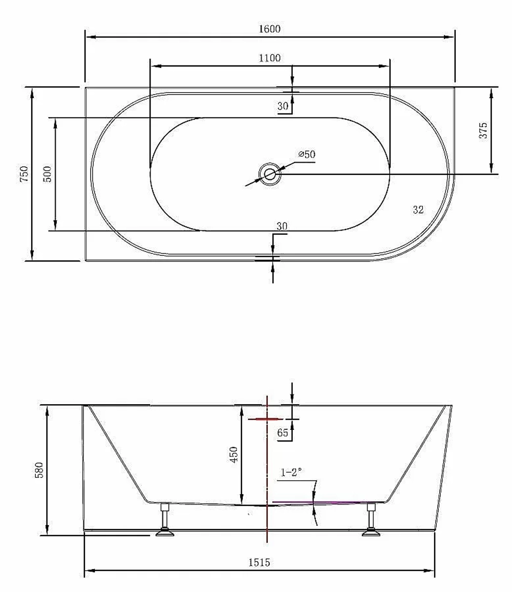 Ванна акриловая Vincea VBT-402-1600 160x75 белый