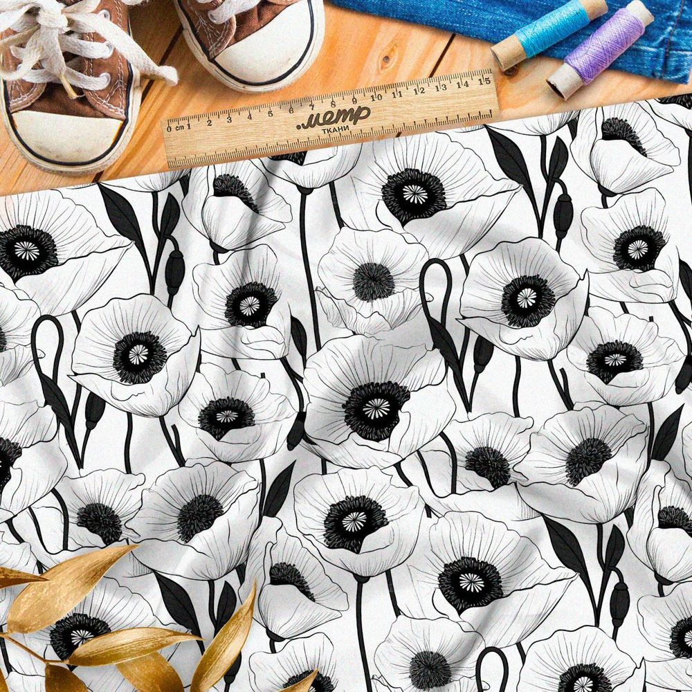 Ткань премиум интерлок крупные черно-белые  маки