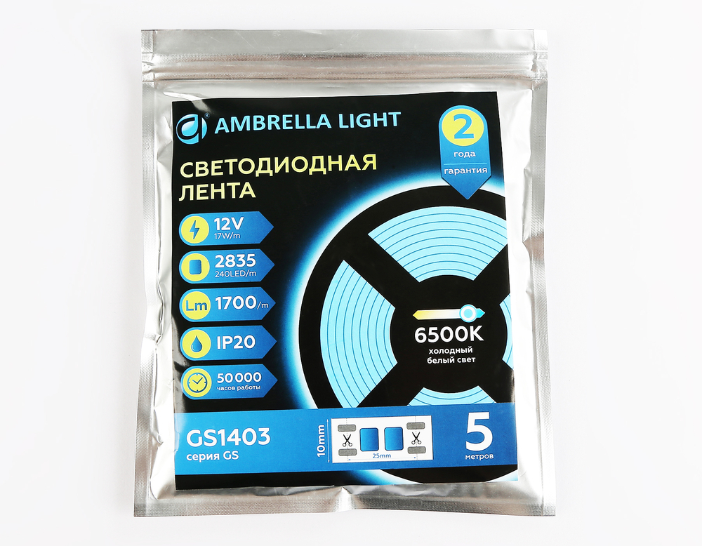 Светодиодная лента GS1403 2835 240Led/ 17W m/ 12V IP20 6500K/ 5000*10*1.2mm/ кратность резки 25mm (2 конт.)