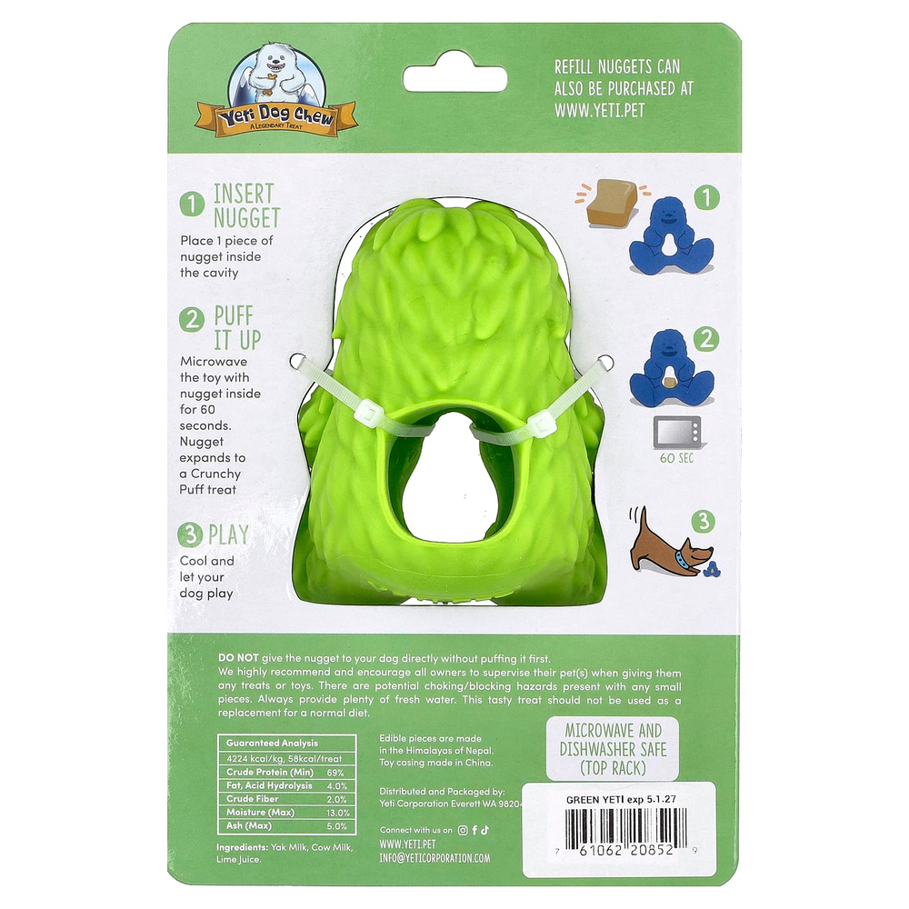 Yeti Dog Chew, Puff & Play, дозатор лакомств, жевательные таблетки для собак, зеленый, 4 жевательных конфеты, 1 дозатор