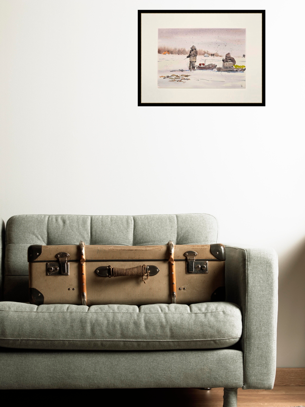 Картина авторская акварельная в паспарту 30х40 см на стену для интерьера "Зимняя рыбалка"