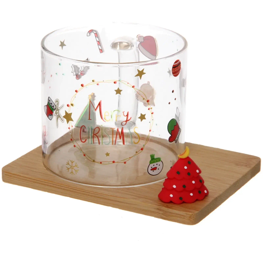 Кружка стеклянная 280мл «Новогодние чудеса» на бамбуковой подставке, прозрачная