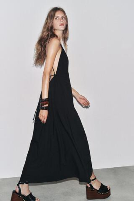 ZARA ДЛИННОЕ ПЛАТЬЕ С ЗАВЯЗКАМИ ZW COLLECTION, ЧЕРНЫЙ