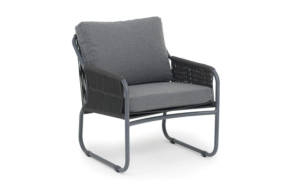 "Ането" кресло плетеное из роупа, каркас алюминий темно-серый (RAL7024) муар, роуп темно-серый круглый, ткань темно-серая 027