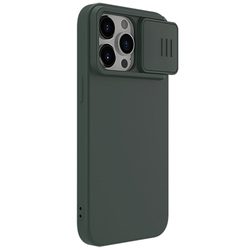 Чехол с MagSafe и с шелковистым покрытием темно-зеленого цвета (Foggy Green) от Nillkin для iPhone 15 Pro, серия CamShield Silky Magnetic Silicone Case