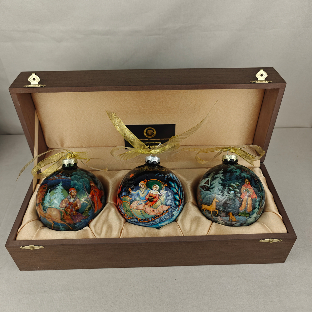 Набор из 3-х ёлочных шаров "Сказки" с росписью Палех