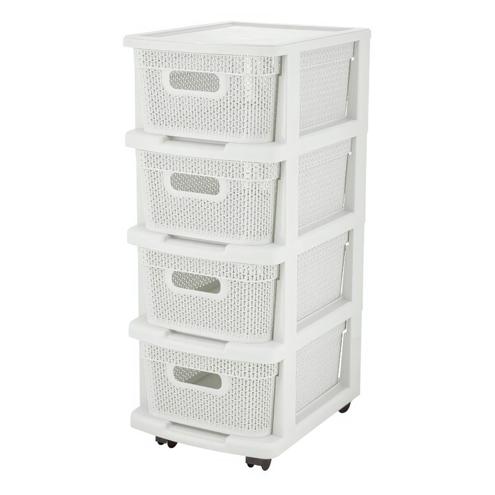 Комод Keeplex Ajur с корзинами на колесиках четырехсекционный компакт 37х30х69см белое облако
