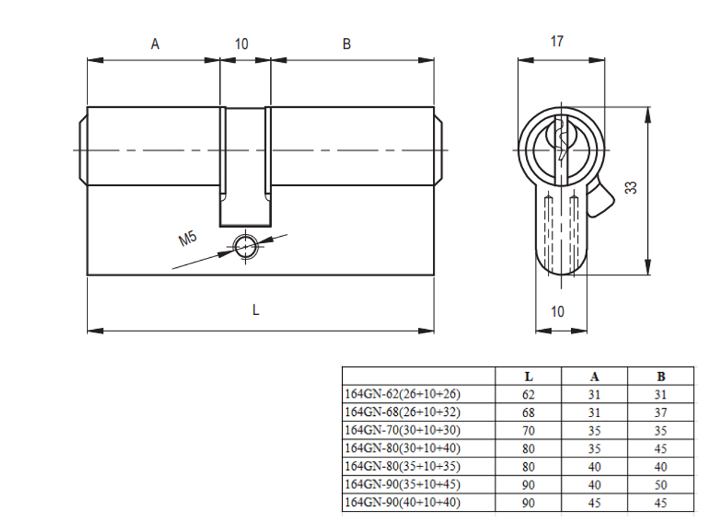 ЦИЛИНДР.МЕХАНИЗМ KALE KILIT 164GN-90(40+10+40)-BP-3KEY-STB 164GN000034