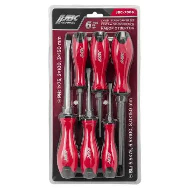 Набор отверток силовых магнитных 6пр (SL5.5x75мм, SL6.5x100мм, SL8х150мм, РН1х75мм, РН2х100мм, РН3х150мм) в блистере JBC JBC-7006