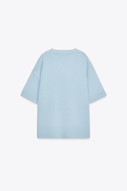 ZARA БАЗОВЫЙ ТРИКОТАЖНЫЙ ДЖЕМПЕР ИЗ 100% ШЕРСТИ С КОРОТКИМИ РУКАВАМИ, ГОЛУБОЙ