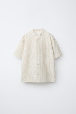 ZARA РУБАШКА ИЗ ХЛОПКА И ЛЬНА В ПОЛОСКУ, ПЕСОЧНЫЙ