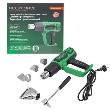 Фен промышленный электрический с насадками (220В,50/60Гц,2000Вт, 60/350/600С°, 50/300/500л/мин,3 режима,класс защиты-двойная изоляция) RockForce##Rock FORCE RF-HG65-2000LED