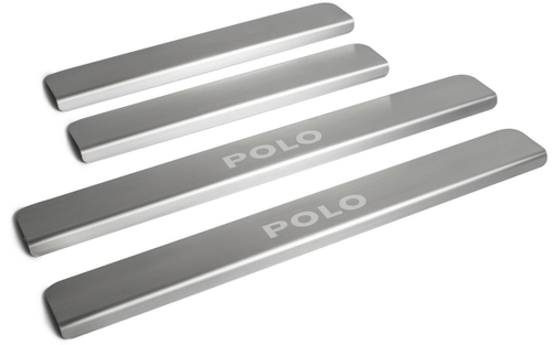 Накладки на пороги Rival для Volkswagen Polo V 2010-2020, нерж. сталь, с надписью, 4 шт., NP.5803.3