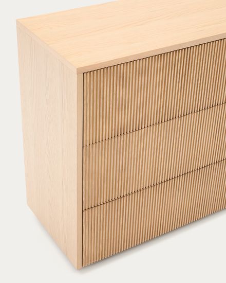 Комод Helvine с 3 ящиками из дубового шпона и закаленного стекла, 86 x 79