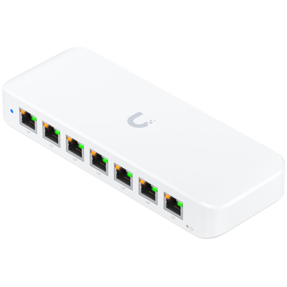 Ubiquiti USW-Ultra-210W-EU compact, Layer 2, 8-port GbE PoE switch with versatile mounting options, 7x GbE PoE+ output ports, GbE port with optional PoE++ input, 202W PoE availability with the included AC power adapter