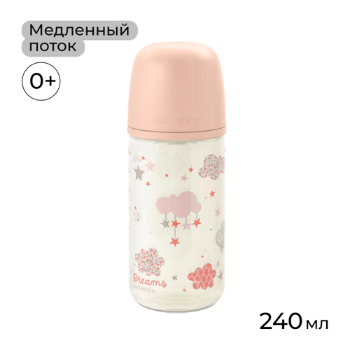 Стеклянная бутылочка для кормления Suavinex Dreams 240 мл, медленный поток, розовый,0 мес+
