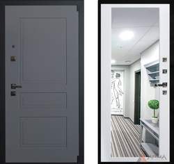 Входная металлическая дверь с зеркалом Нео Ясень 03 Софт белый без текстуры (фурнитура ХРОМ блестящий)