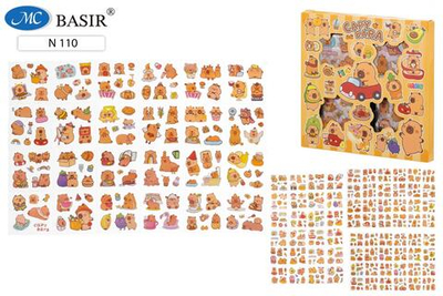 Набор наклеек 4 листа 16,5*16,5 см. "Капибара" в подарочной упаковке, ассорти (Basir)