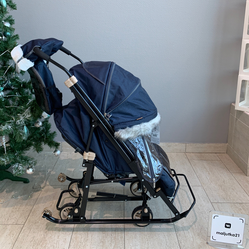 Санки - коляска Galaxy Glory Gloss Лен темно-синий арт. GGGТС