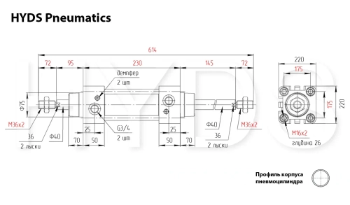 DSBG-200-50-T-PPV-A-N3 Пневмоцилиндр с двусторонним штоком