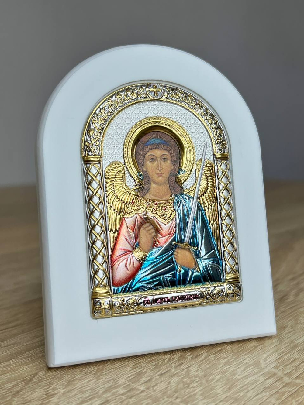 Ангел Хранитель, икона арочная, белое дерево, эмаль 57х75