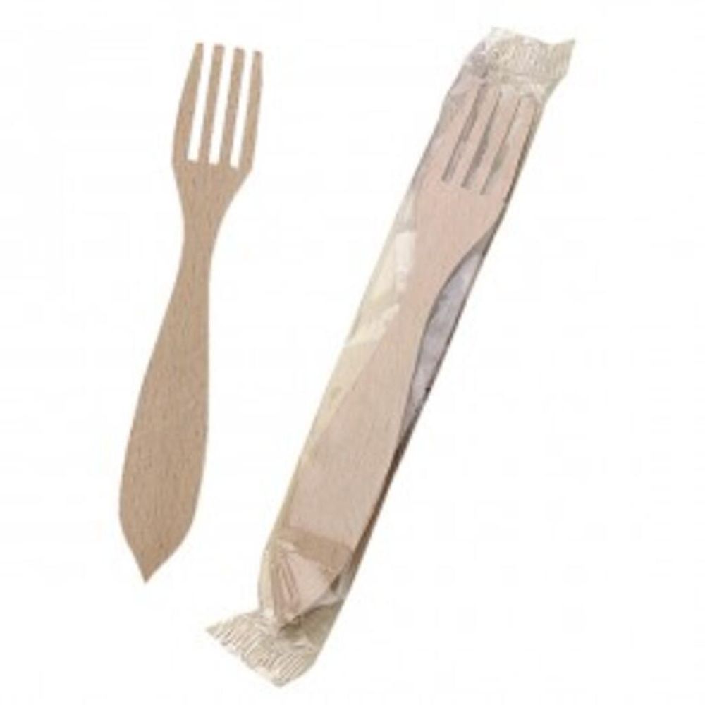 Вилка одноразовая в индивидуальной упаковке 15 см, 100 шт, дерево