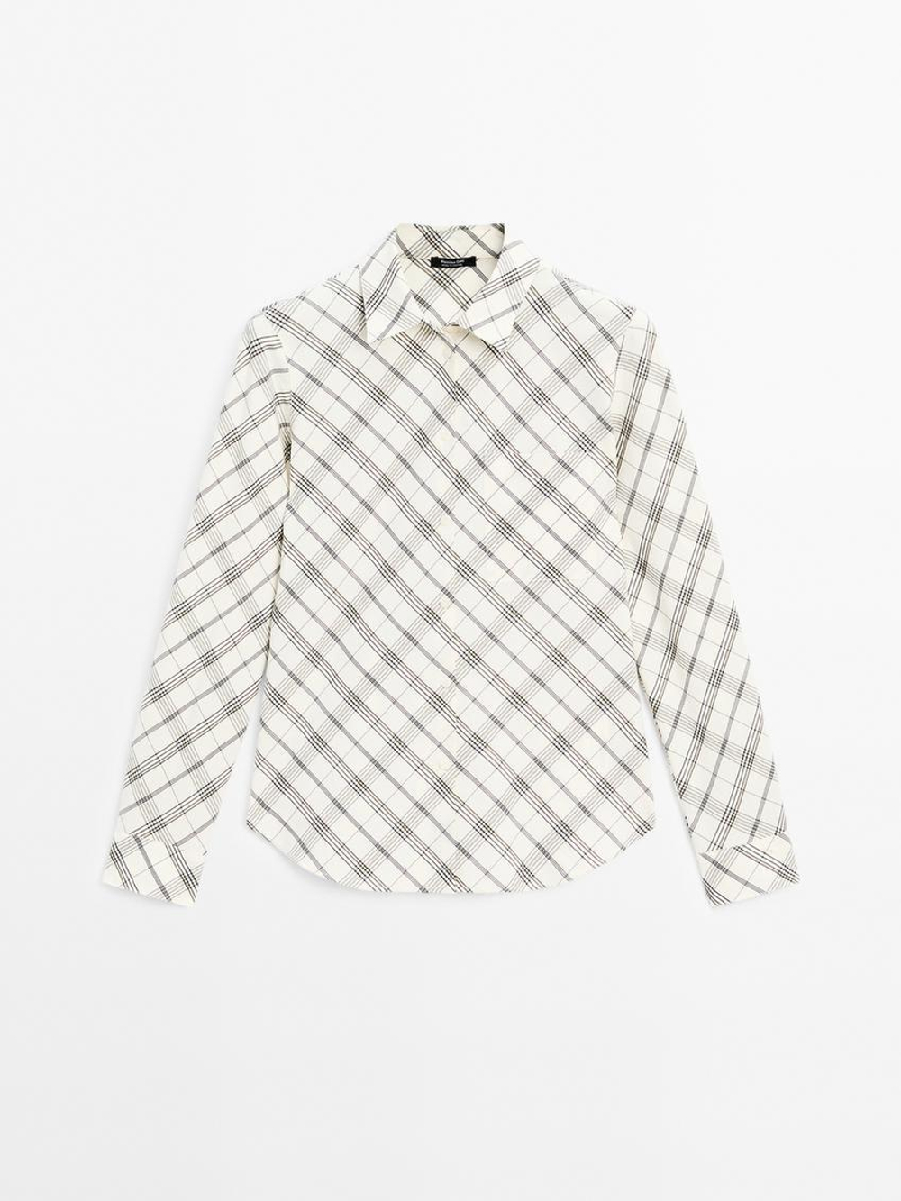 Massimo Dutti Рубашка в клетку из смесовой хлопковой ткани с кроем по косой, натуральный, кремовый